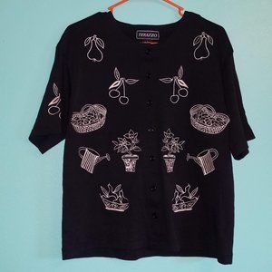 Terazzo Vintage Embroidered Fruit Button Up Top